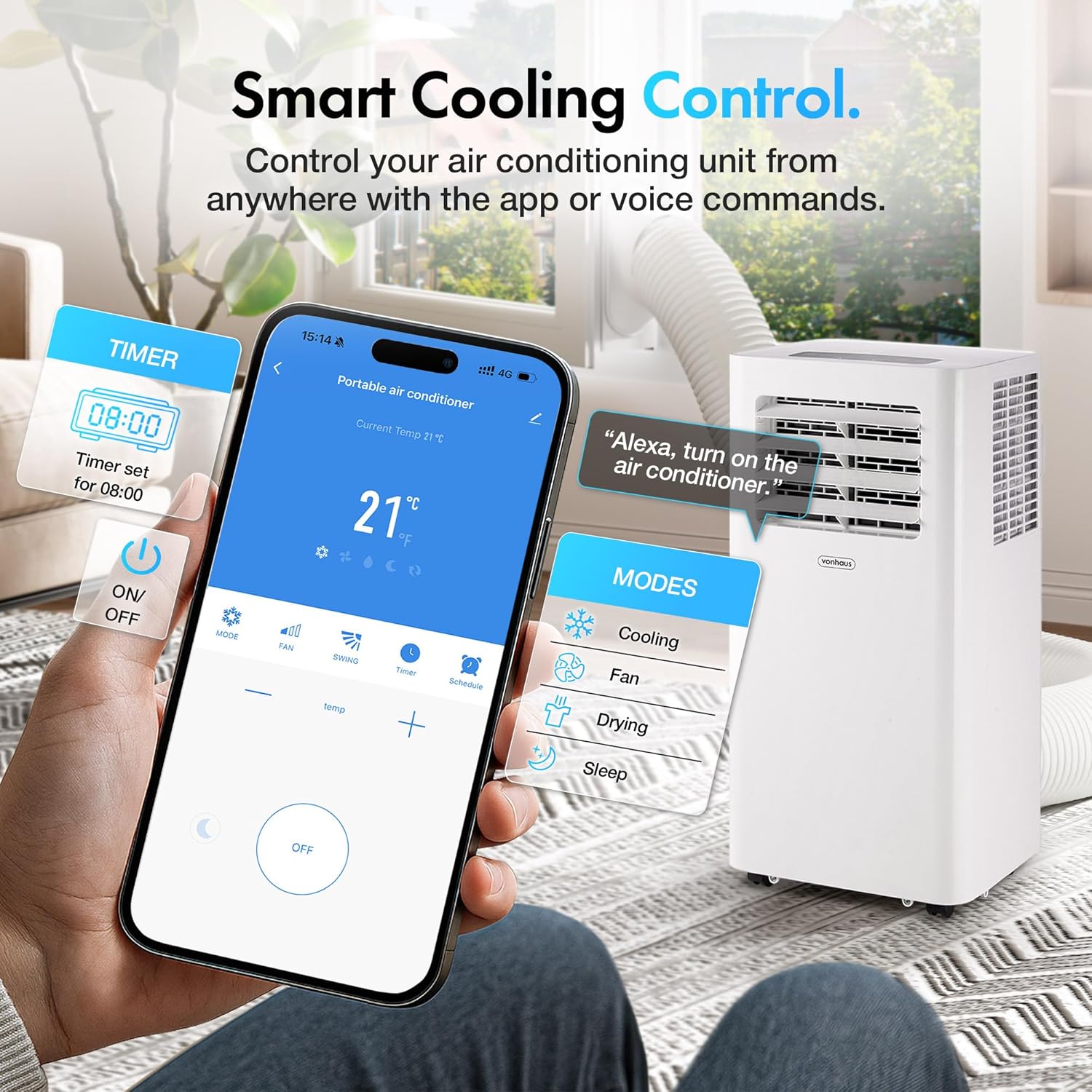 12000 BTU Portable Air Conditioner with WiFi, Dehumidifier, Sleep Mode & Remote Control