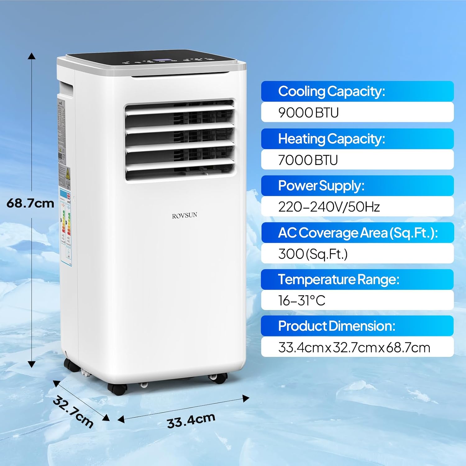 9000 BTU Portable Air Conditioner with Heating, Dehumidifier, Sleep Mode & Remote Control