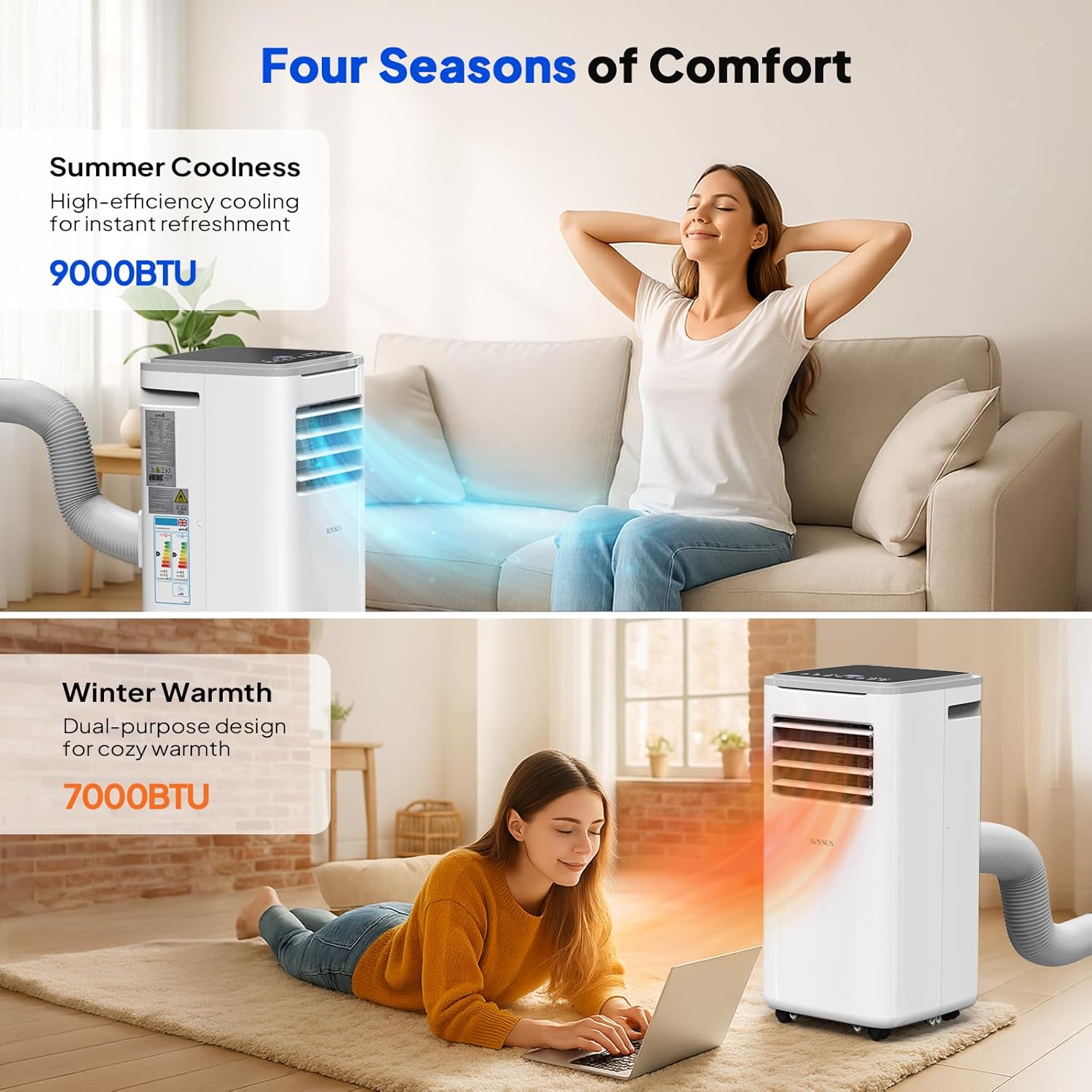 9000 BTU Portable Air Conditioner with Heating, Dehumidifier, Sleep Mode & Remote Control