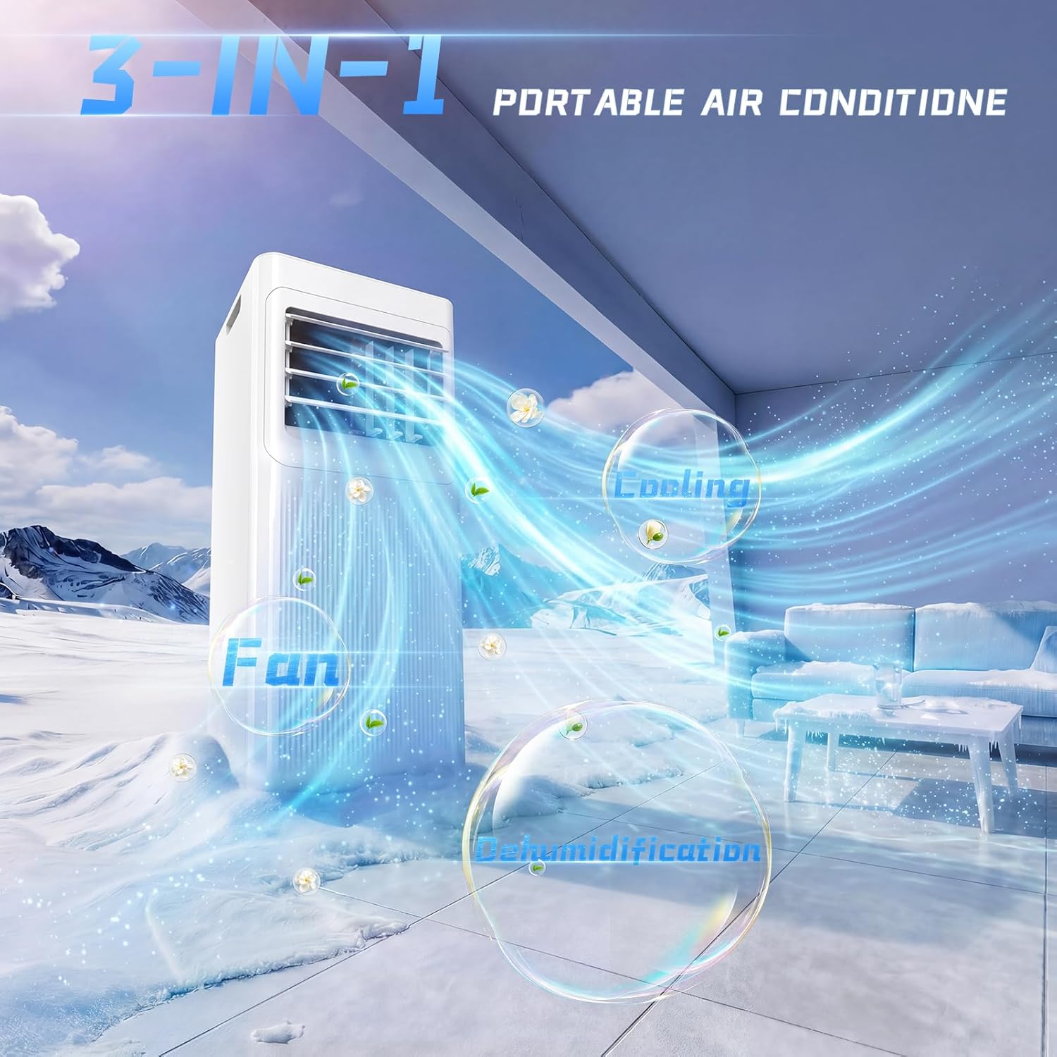 9000 BTU Portable Air Conditioner with Dehumidifier, Fan, Sleep Mode & Remote Control