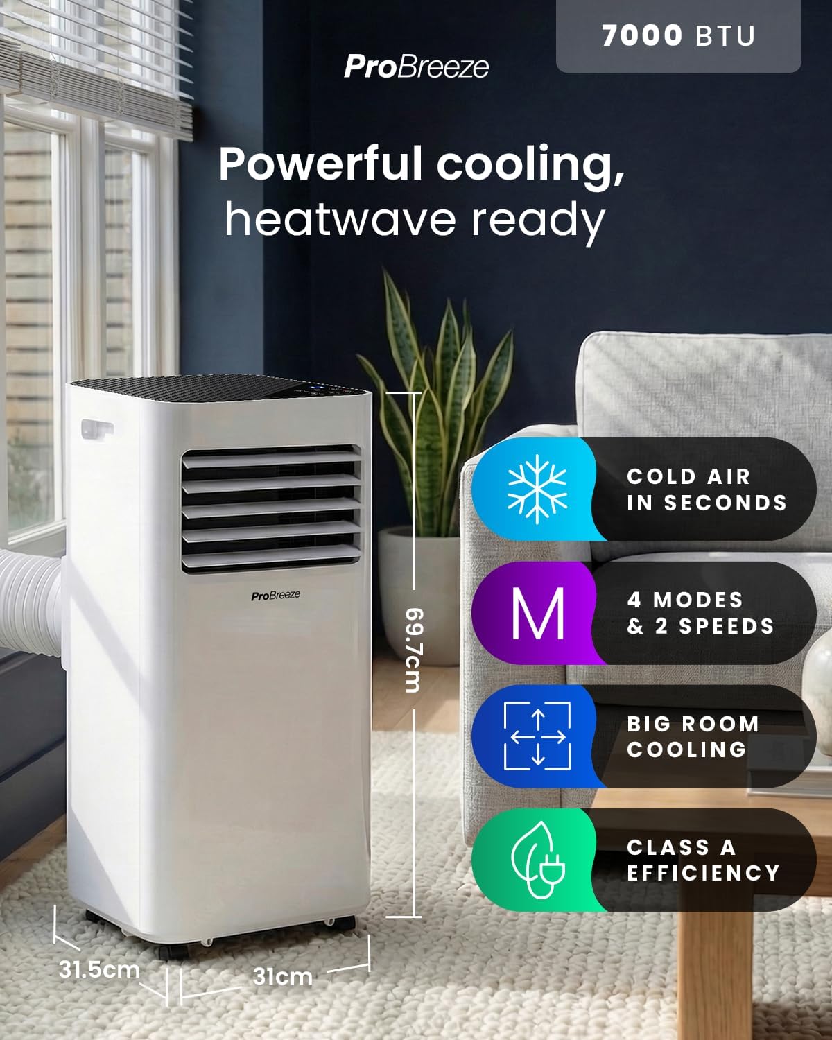 7000 BTU Portable Air Conditioner with Dehumidifier, Sleep Mode & Remote Control
